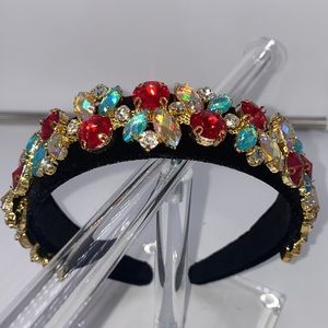 New Black Headband w/Red & Iridescent Rhinestones